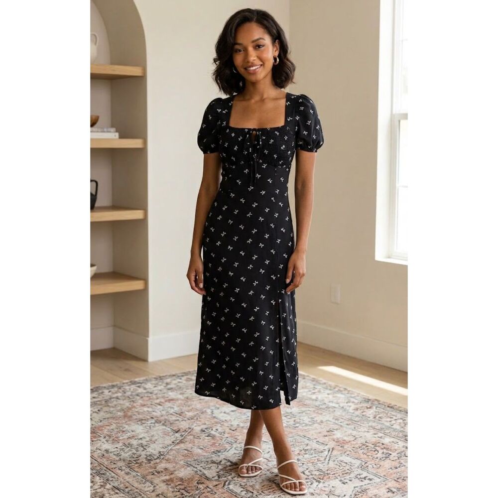 Hesperus Black White Bow Print Smocked Midi Dress Puff Sleeve Size Medium
